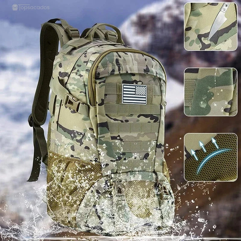 Sac à dos tactique 35 litres camouflage beige étanche avec démonstration en extérieur