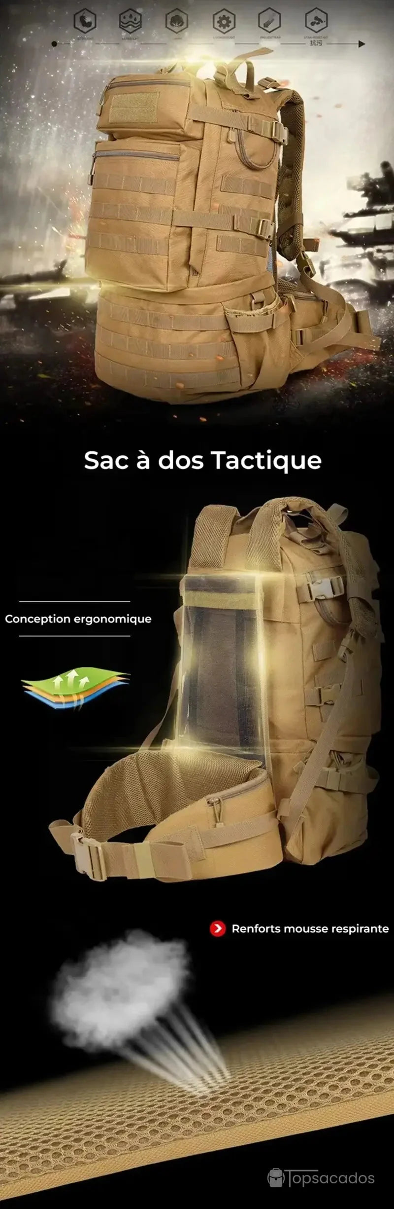 Sac à dos tactique beige mis en scène dans un décor militaire virtuel avec effets lumineux, mettant en avant l’ergonomie et les renforts respirants.