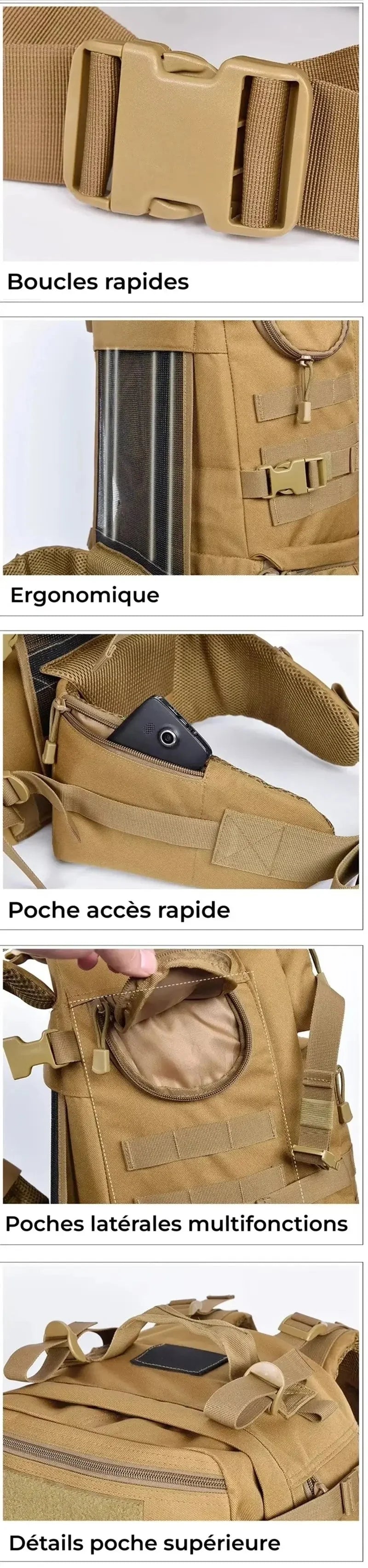 Sac à dos tactique beige vu en gros plan avec focus sur les boucles rapides, poches d’accès latérales, compartiment supérieur et ceinture ergonomique avec rangement téléphone.