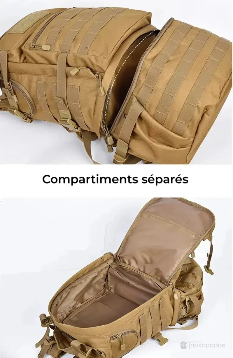 Sac à dos tactique beige ouvert avec compartiments séparés, illustrant la grande capacité de rangement sur fond blanc studio.