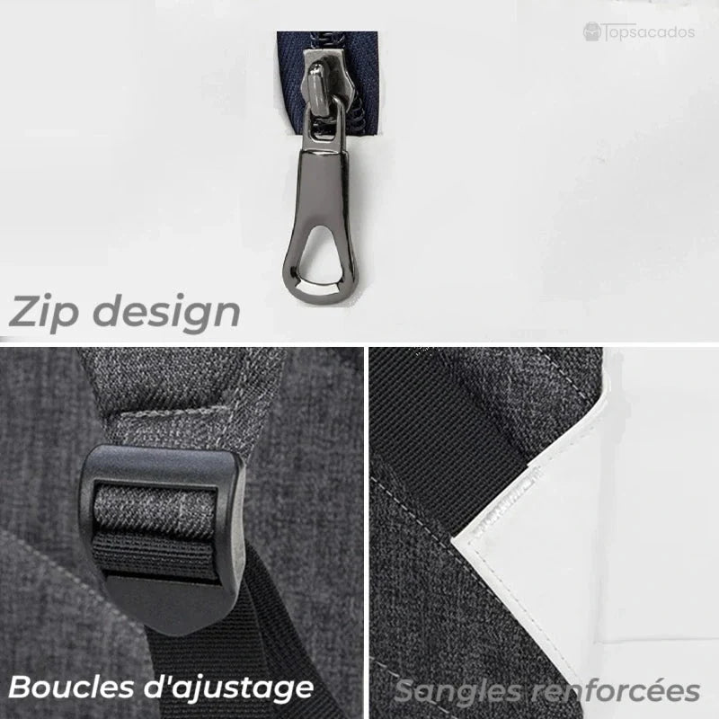 Sac à dos tennis avec gros plan sur les fermetures éclair, les boucles d’ajustement et les sangles renforcées pour plus de solidité.