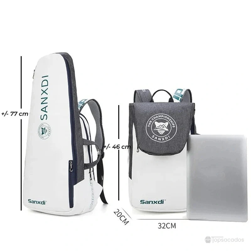 Sac à dos tennis avec indications de dimensions, idéal pour transporter raquettes et accessoires en toute organisation.