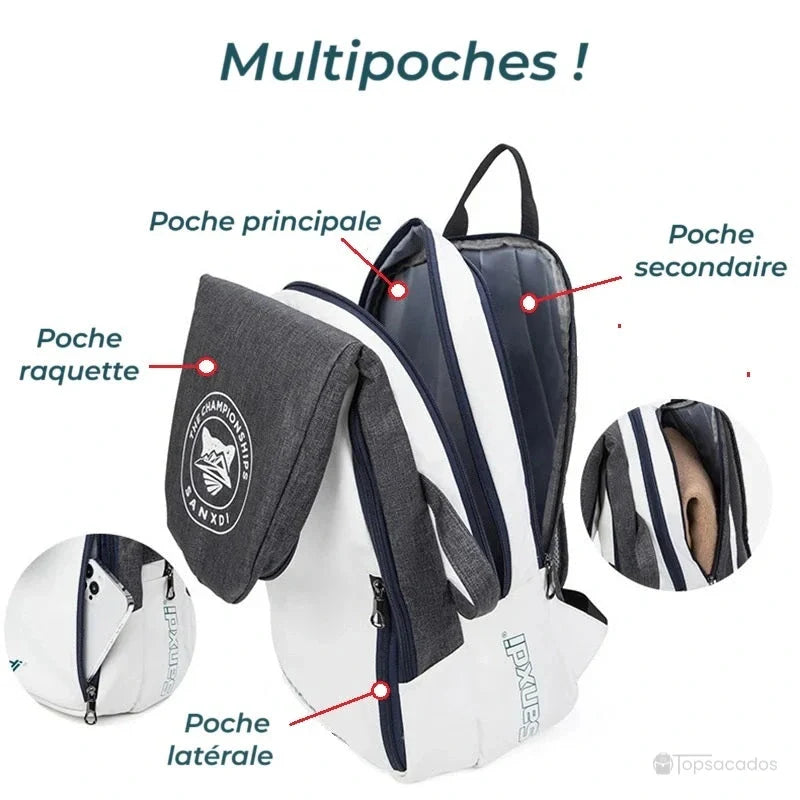 Sac à dos tennis ouvert avec schéma des multiples poches : compartiment raquette, poches latérales et poche principale.