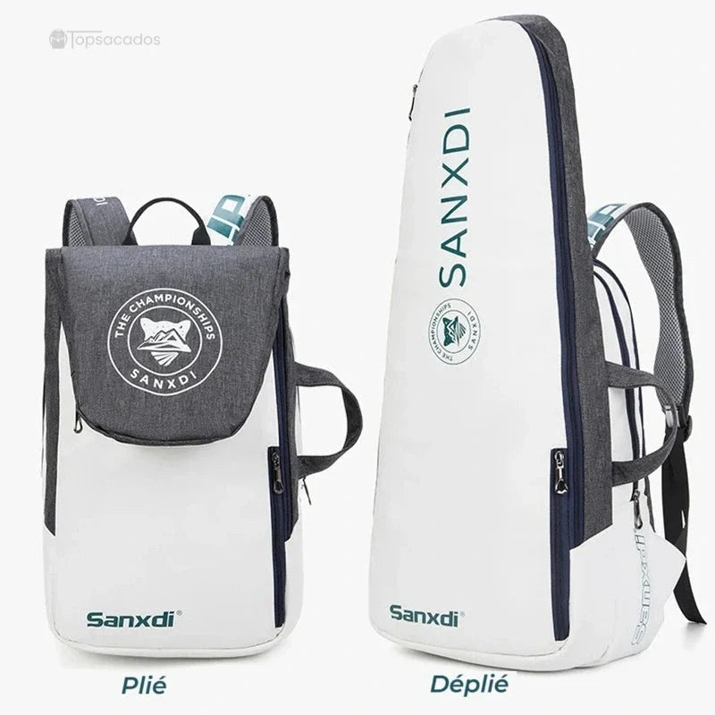 Sac à dos tennis en position pliée et dépliée, illustrant son volume modulable adapté à la taille d’une raquette.