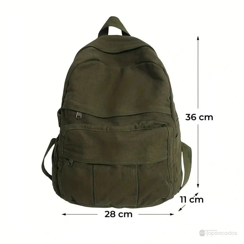 Sac à dos toile vert présenté avec dimensions de 36 cm de haut, 28 cm de large et 11 cm de profondeur