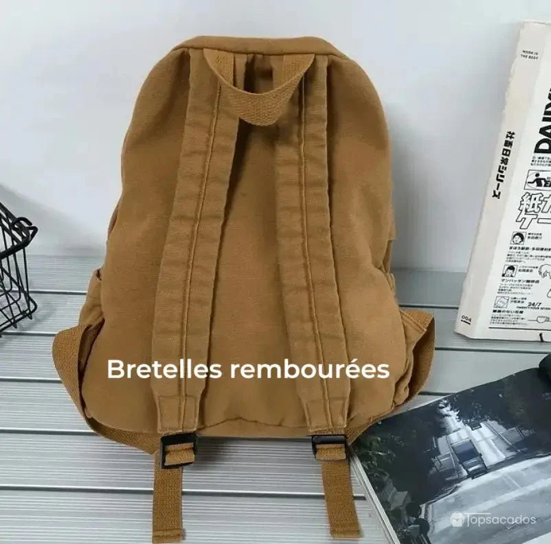 Sac à dos toile marron vu de dos, avec bretelles rembourrées épaisses pour plus de confort
