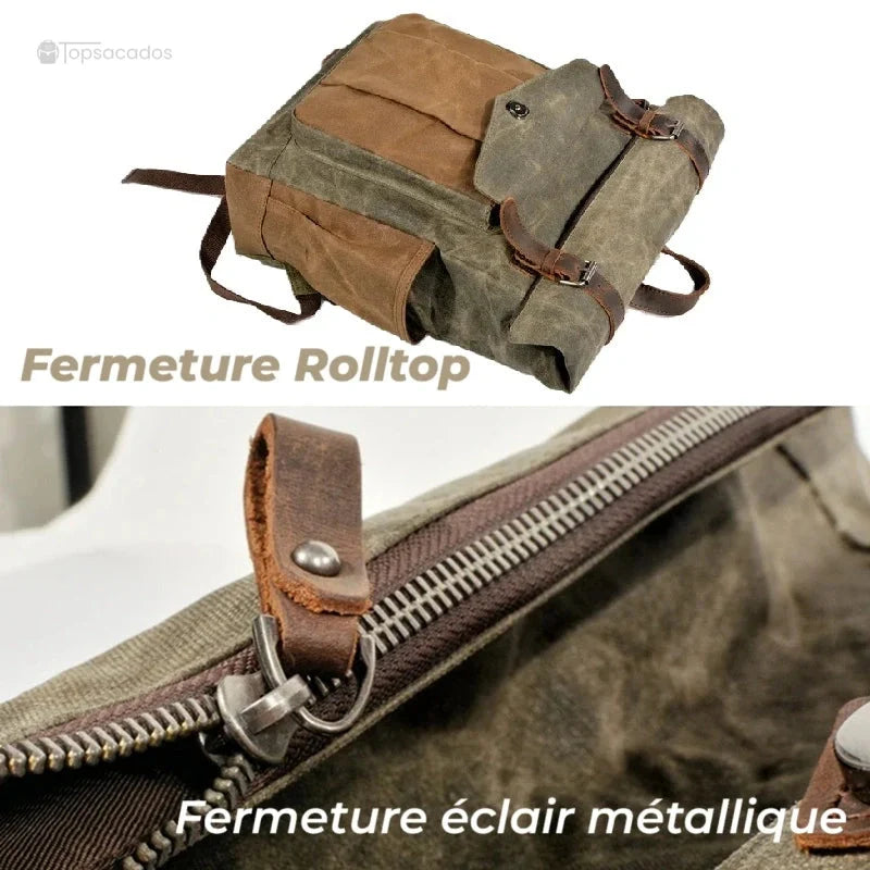Sac à dos toile homme vintage avec fermeture rolltop et zoom sur la fermeture éclair métallique robuste.