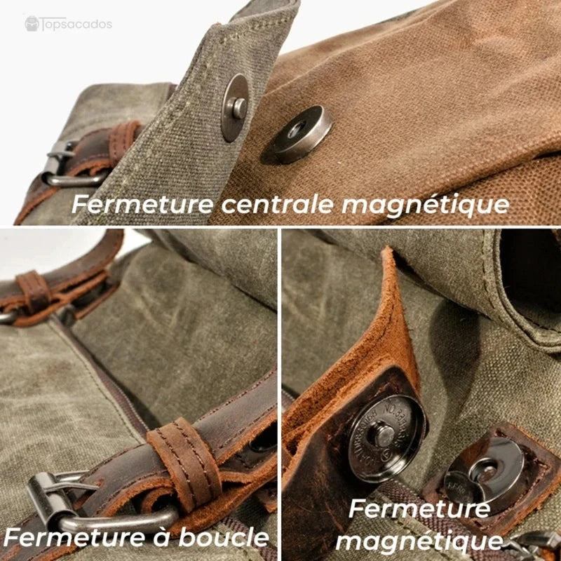 Sac à dos toile homme vintage en gros plan sur les systèmes de fermeture : boucle, bouton-pression et aimant.