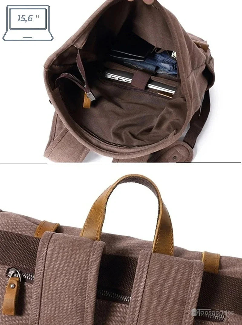 Sac à dos toile Rolltop ouvert avec ordinateur portable 15.6 pouces et vêtements à l’intérieur, vue sur la poignée renforcée en cuir.