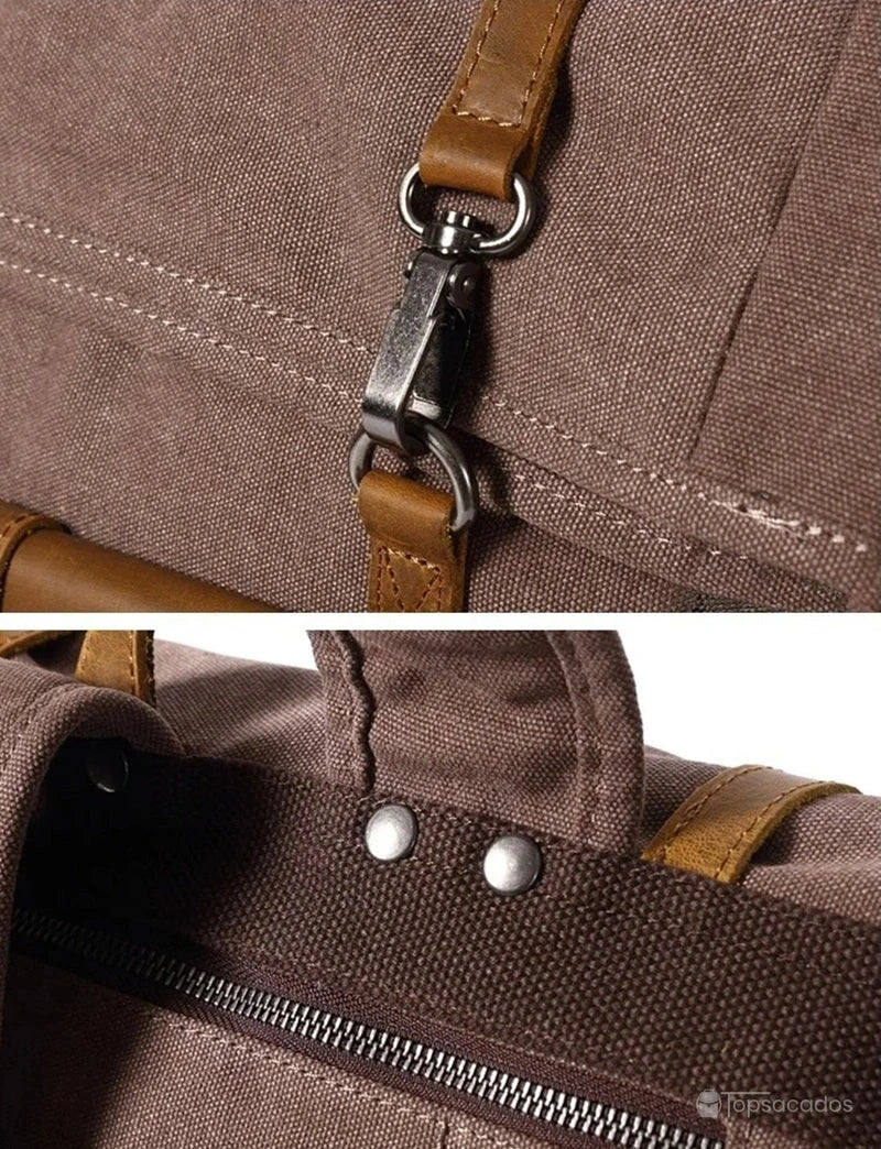 Sac à dos toile Rolltop avec gros plan sur les coutures et les rivets métalliques, montrant la robustesse et la qualité artisanale du sac.