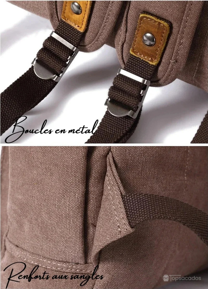 Sac à dos toile Rolltop avec vue rapprochée sur les boucles de réglage en métal et les renforts de sangle cousus, garantissant durabilité et confort.