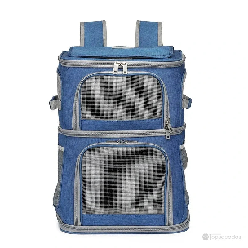 Sac à dos transport chat duo - version bleue à double compartiment, vue de face avec aérations en maille grise, sur fond blanc.