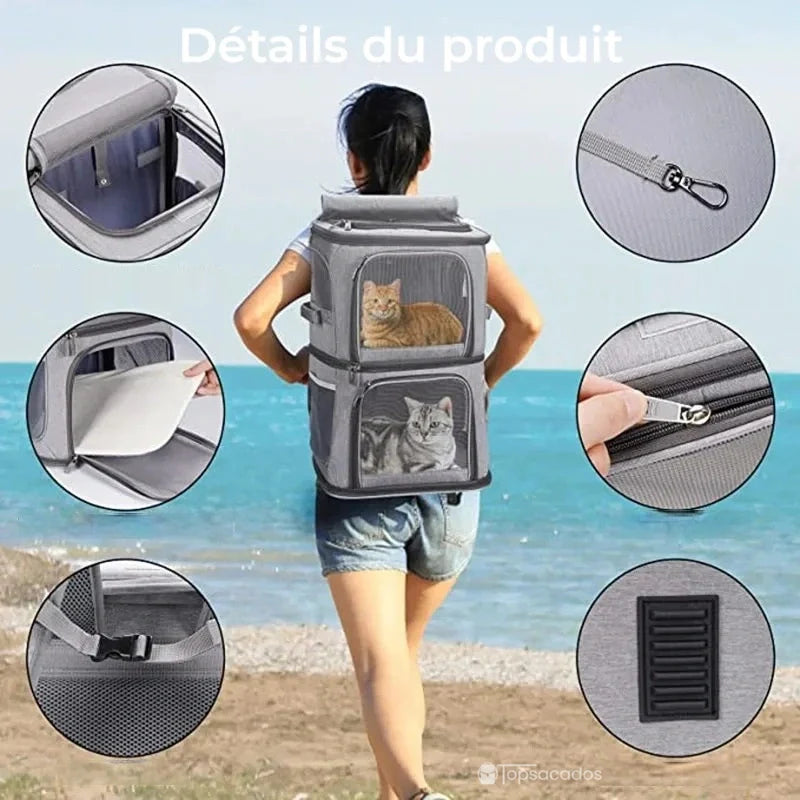 Sac à dos transport chat duo - porté par une femme sur la plage avec deux chats visibles, entouré de vignettes montrant les détails du produit.
