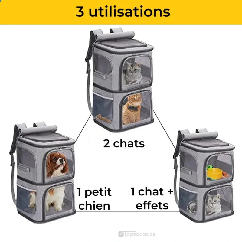 Sac à dos transport chat duo - présentation des trois usages possibles : deux chats, un petit chien, ou un chat avec accessoires.