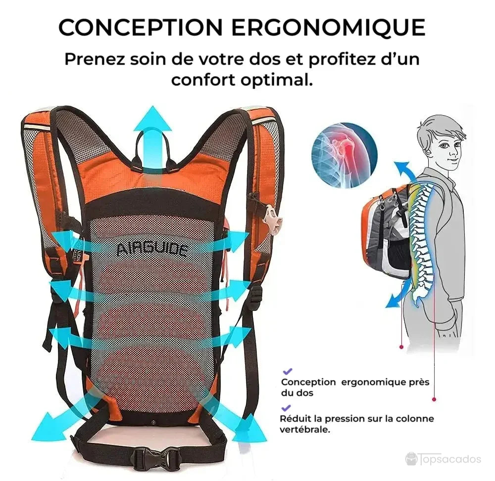 Sac à dos vélo avec poche à eau vu de dos, conception ergonomique avec soutien dorsal et bretelles respirantes pour un confort optimal.