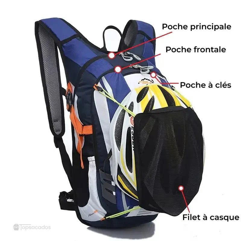 Sac à dos vélo avec poche à eau équipé d’un filet de maintien pour casque de vélo à l’arrière, pratique pour le cyclotourisme.