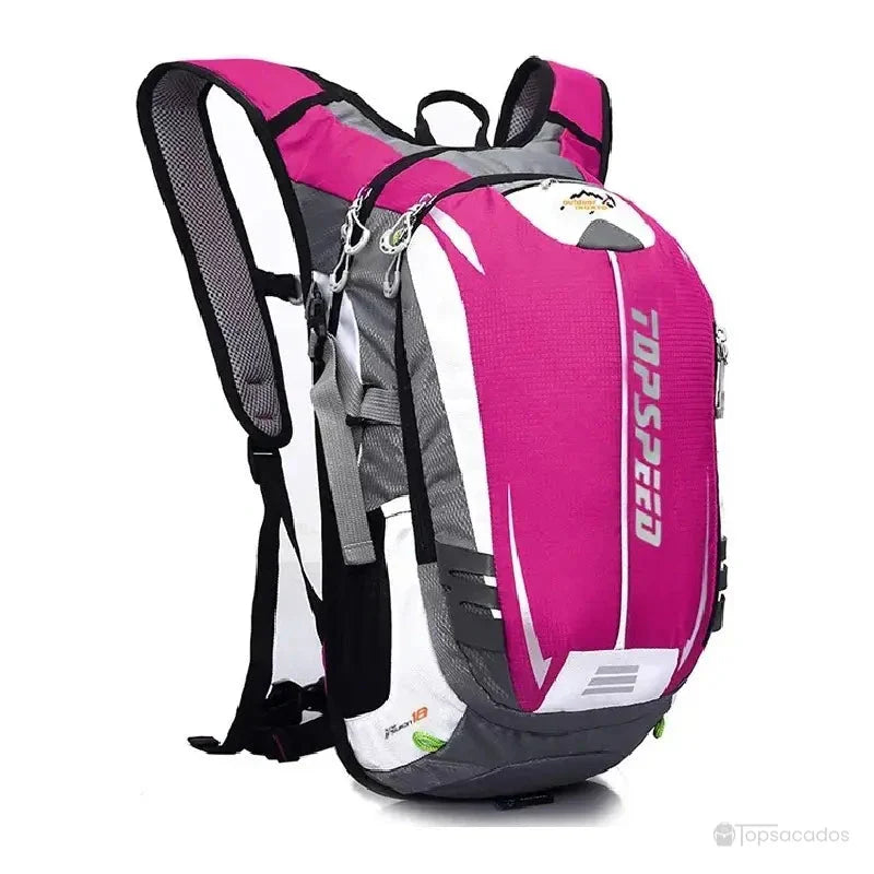 Sac à dos vélo avec poche à eau rose vif et détails blancs, parfait pour les femmes cyclistes à la recherche de confort et de visibilité.