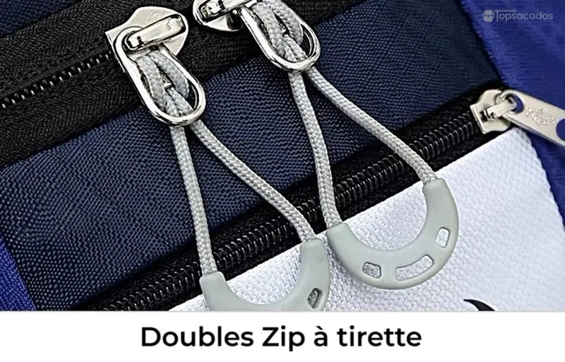Sac à dos vélo avec poche à eau équipé de doubles zip à tirette robustes pour une ouverture rapide et sécurisée des compartiments.