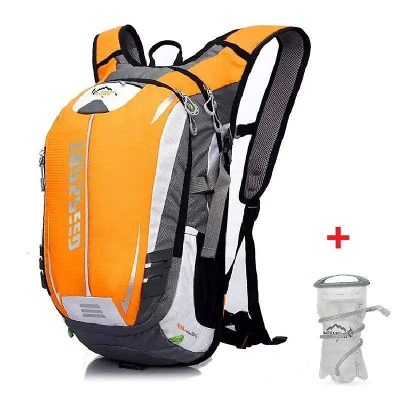 Sac à dos vélo avec poche à eau orange vif, accompagné d'une poche à eau transparente, idéal pour le cyclisme et les activités outdoor.