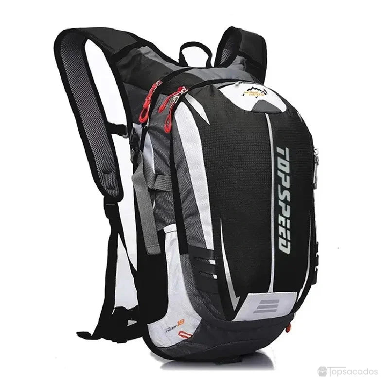 Sac à dos vélo noir et gris avec poches multiples et fermeture éclair renforcée, vue de trois quarts