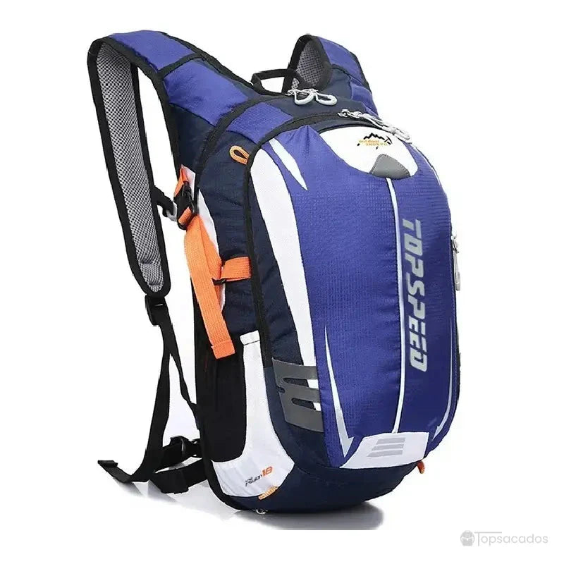 Sac à dos vélo bleu pour cycliste avec sangles orange et coutures renforcées