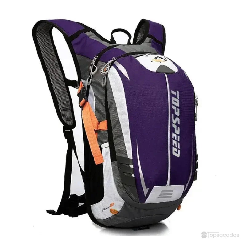 Sac à dos vélo violet et gris avec logo TopSpeed, idéal pour les sorties sportives