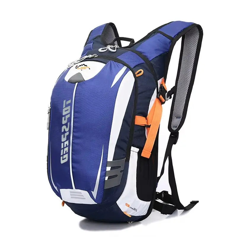 Sac à dos vélo bleu sport avec bretelles ergonomiques et design aérodynamique sur fond blanc