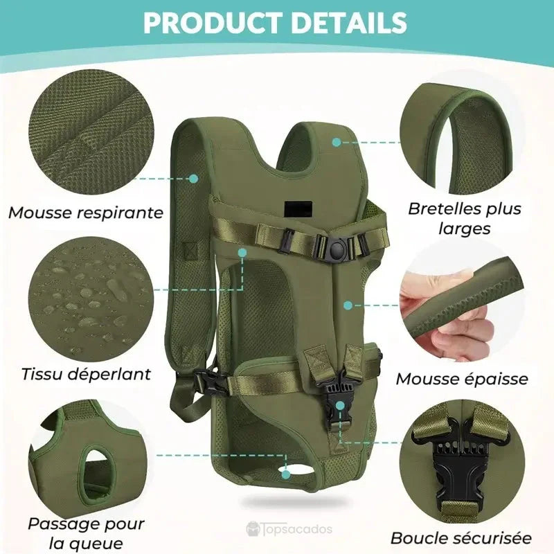 Sac à dos ventral chien vert avec zooms sur mousse respirante, sangles larges et boucles sécurisées