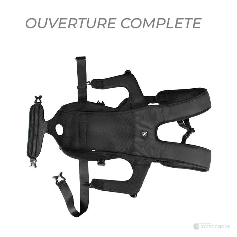 Sac à dos ventral chien noir entièrement déplié à plat, illustrant l’ouverture complète du harnais
