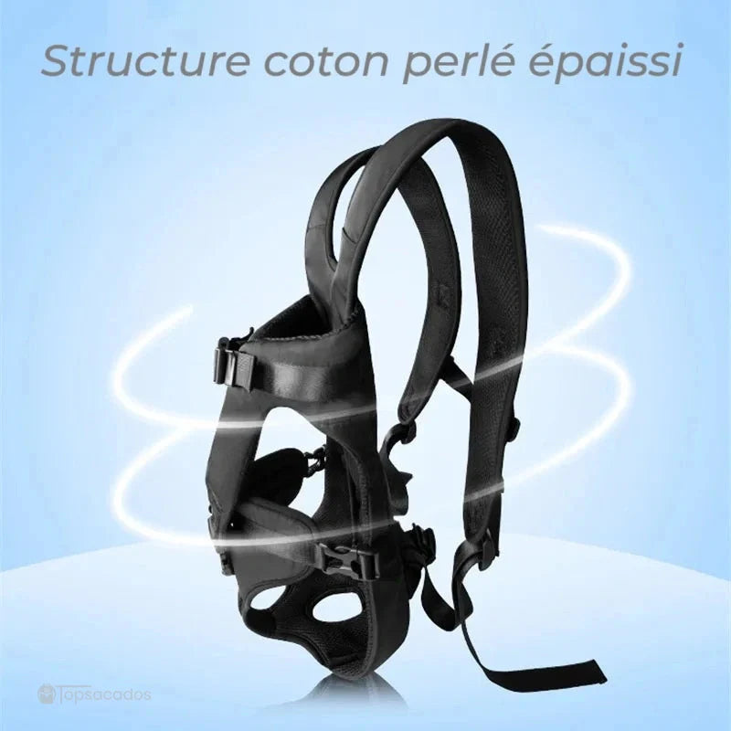 Sac à dos ventral chien en suspension sur fond bleu illustrant la structure en coton perlé