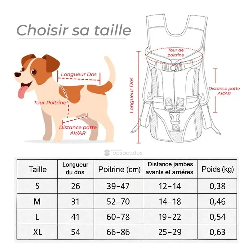 Sac à dos ventral chien avec guide des tailles illustré par un chien dessiné et tableau des mesures
