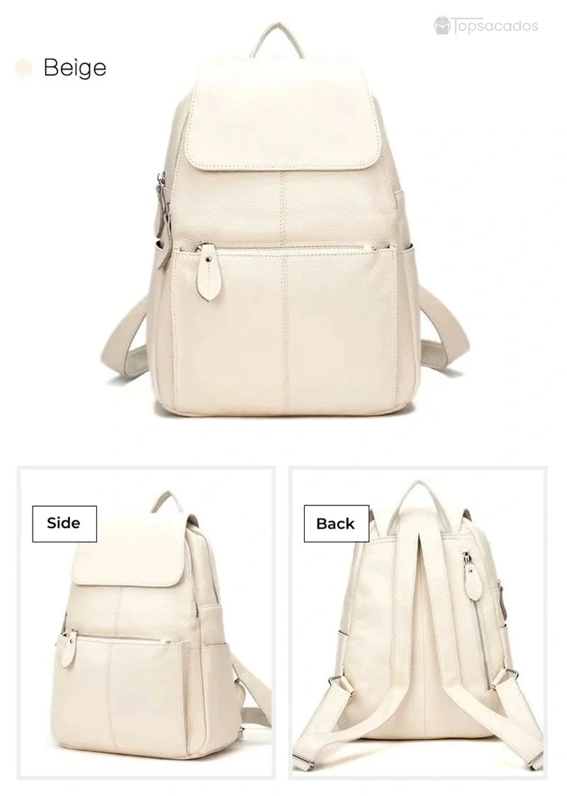 sac à dos ville femme beige en cuir, montré de face, de côté et de dos, mettant en évidence les différentes poches et bretelles réglables