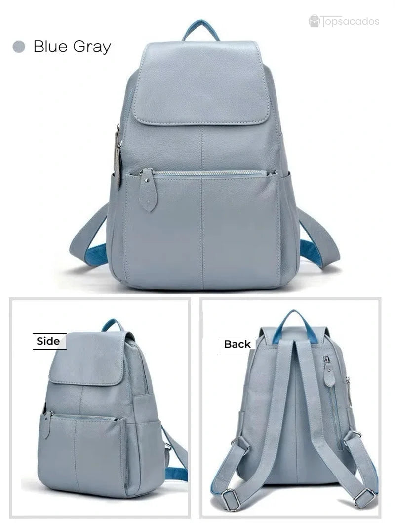 sac à dos ville femme bleu gris présenté sous trois angles, dévoilant son dos rembourré, ses bretelles ajustables et ses poches latérales