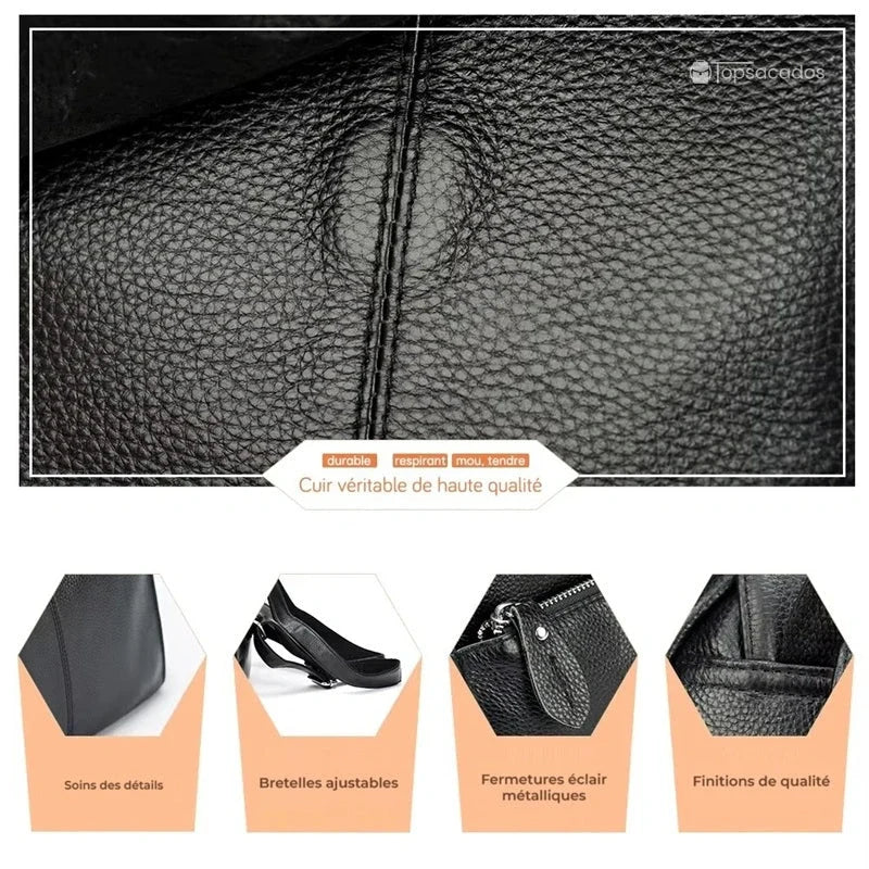 sac à dos ville femme noir avec gros plan sur la texture du cuir véritable, mettant en valeur la qualité douce, résistante et respirante du matériau