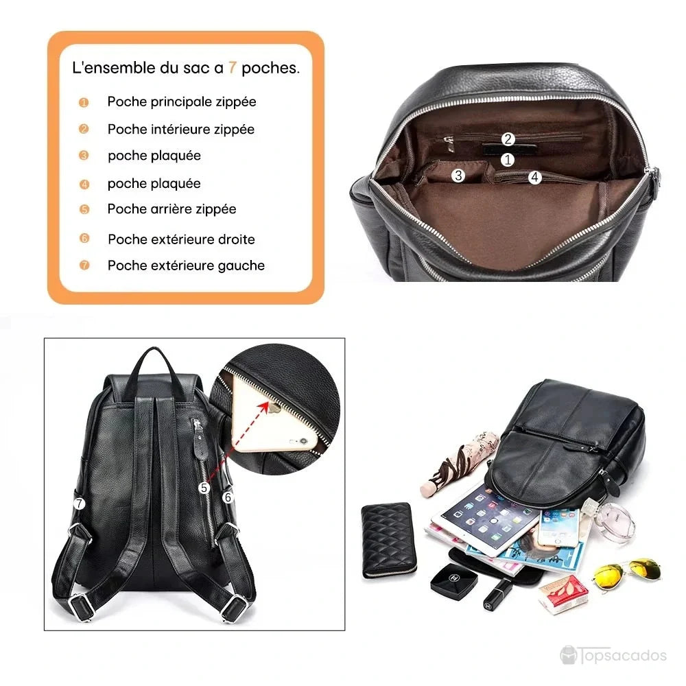 sac à dos ville femme noir ouvert, montrant l’aménagement intérieur avec sept poches zippées ou plaquées pour un rangement optimal