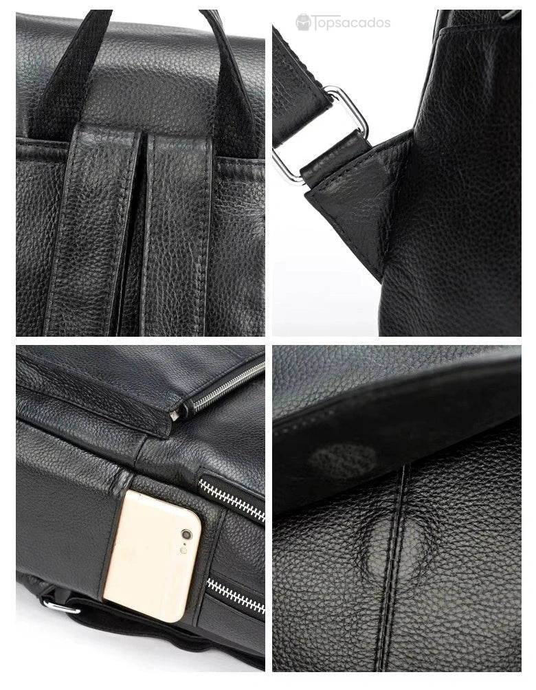 sac à dos ville femme noir en cuir avec zoom sur les coutures, fermetures éclair solides, bretelles renforcées et poches fonctionnelles