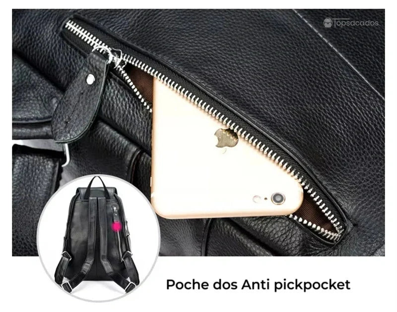 sac à dos ville femme noir avec une poche anti-pickpocket zippée au dos, contenant un téléphone pour illustrer la sécurité