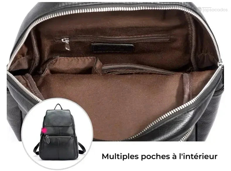 sac à dos ville femme noir ouvert avec multiples poches intérieures zippées et plaquées, doublure intérieure en tissu brun