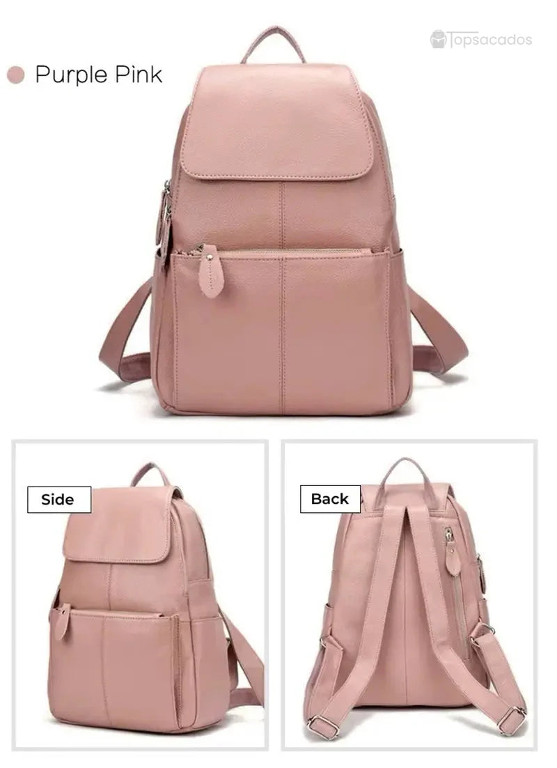 sac à dos ville femme rose mauve présenté de face, côté et dos, mettant en valeur les bretelles réglables et la texture du cuir