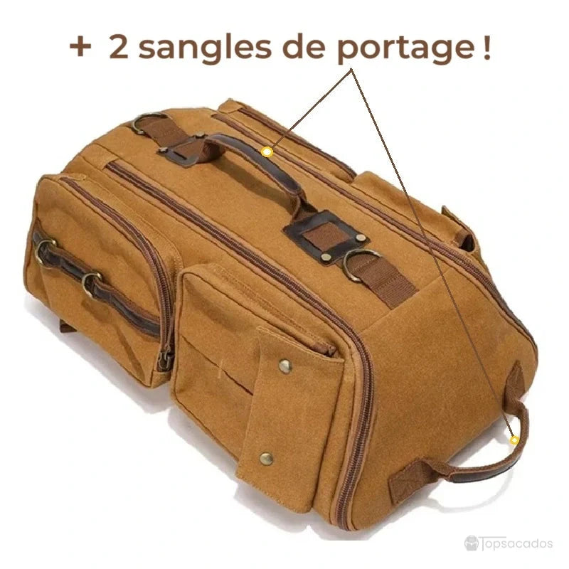 Sac à dos vintage marron vu à plat avec deux sangles de portage visibles, posé sur fond clair