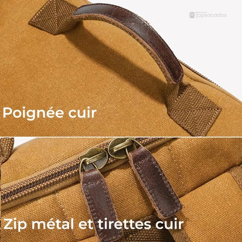 Sac à dos vintage marron avec poignée en cuir et fermetures zippées métalliques détaillées