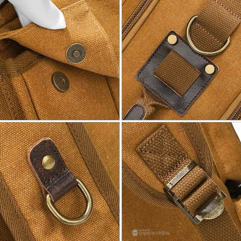 Sac à dos vintage marron, gros plans sur finitions métalliques, coutures renforcées et attaches robustes