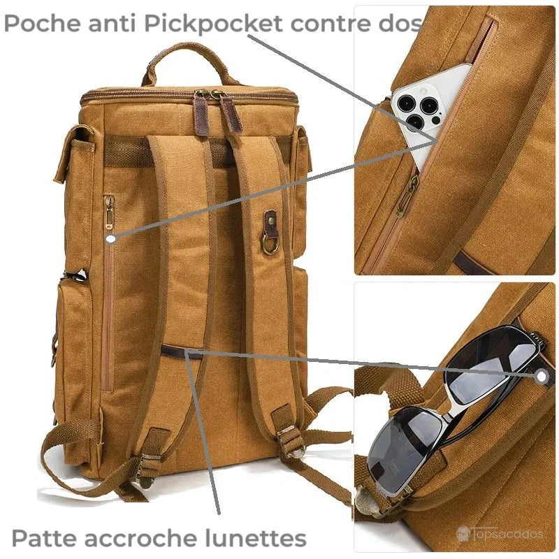 Sac à dos vintage marron vu de dos avec poche anti-pickpocket et accroche lunettes intégrée