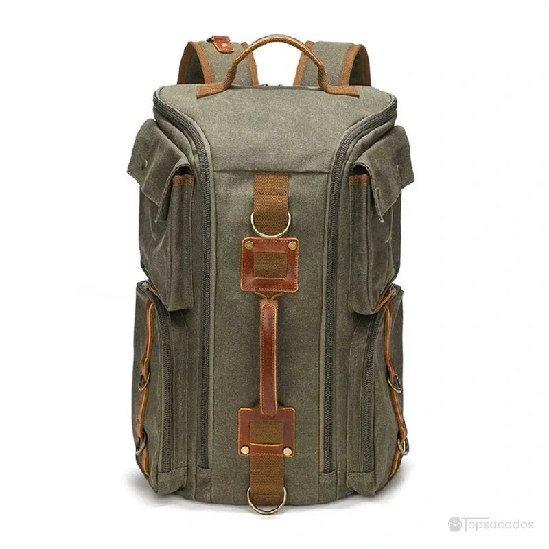 Sac à dos vintage vert armée en toile épaisse avec finitions cuir et multiples poches latérales