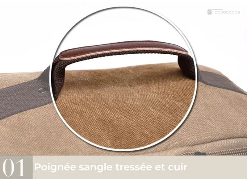 Sac à dos vintage homme avec poignée en cuir et sangle tressée marron, vue en gros plan sur le dessus du sac.