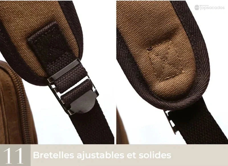 Sac à dos vintage homme avec bretelles ajustables en toile marron et boucle métallique résistante, vue rapprochée.