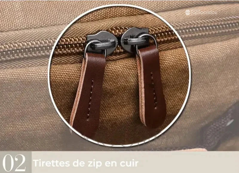 Sac à dos vintage homme avec deux tirettes de zip en cuir marron foncé, fermetures visibles sur toile épaisse.