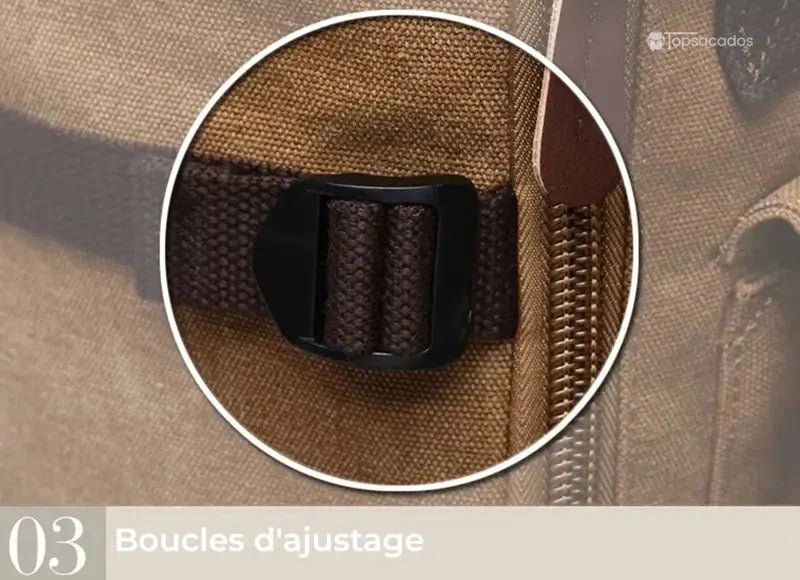 Sac à dos vintage homme avec boucle d’ajustement latérale noire, cousue sur sangle marron en toile résistante.