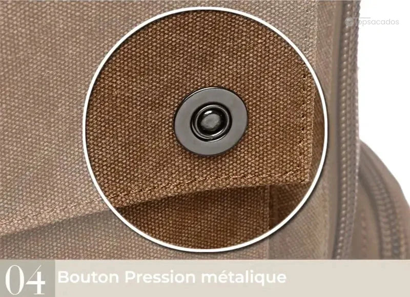 Sac à dos vintage homme avec bouton pression métallique fixé sur rabat en toile marron, gros plan centré.