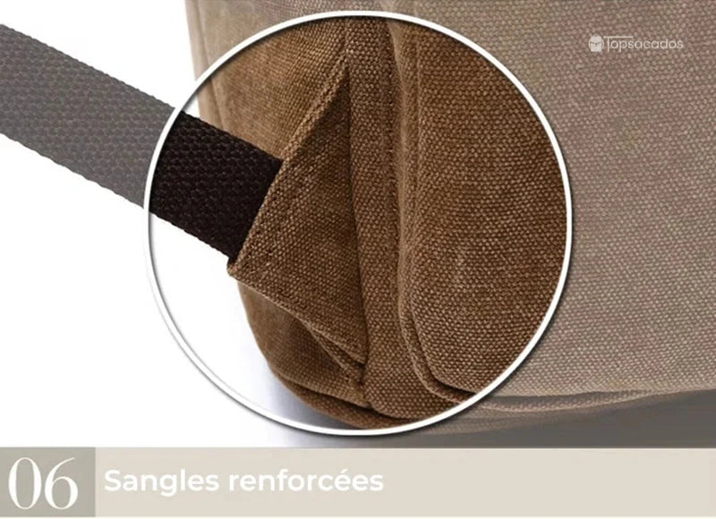 Sac à dos vintage homme avec sangle renforcée cousue en triangle sur le bas du sac, tissu robuste et clair.